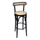 High bistro bar stool in curved black wood with a cane backrest.