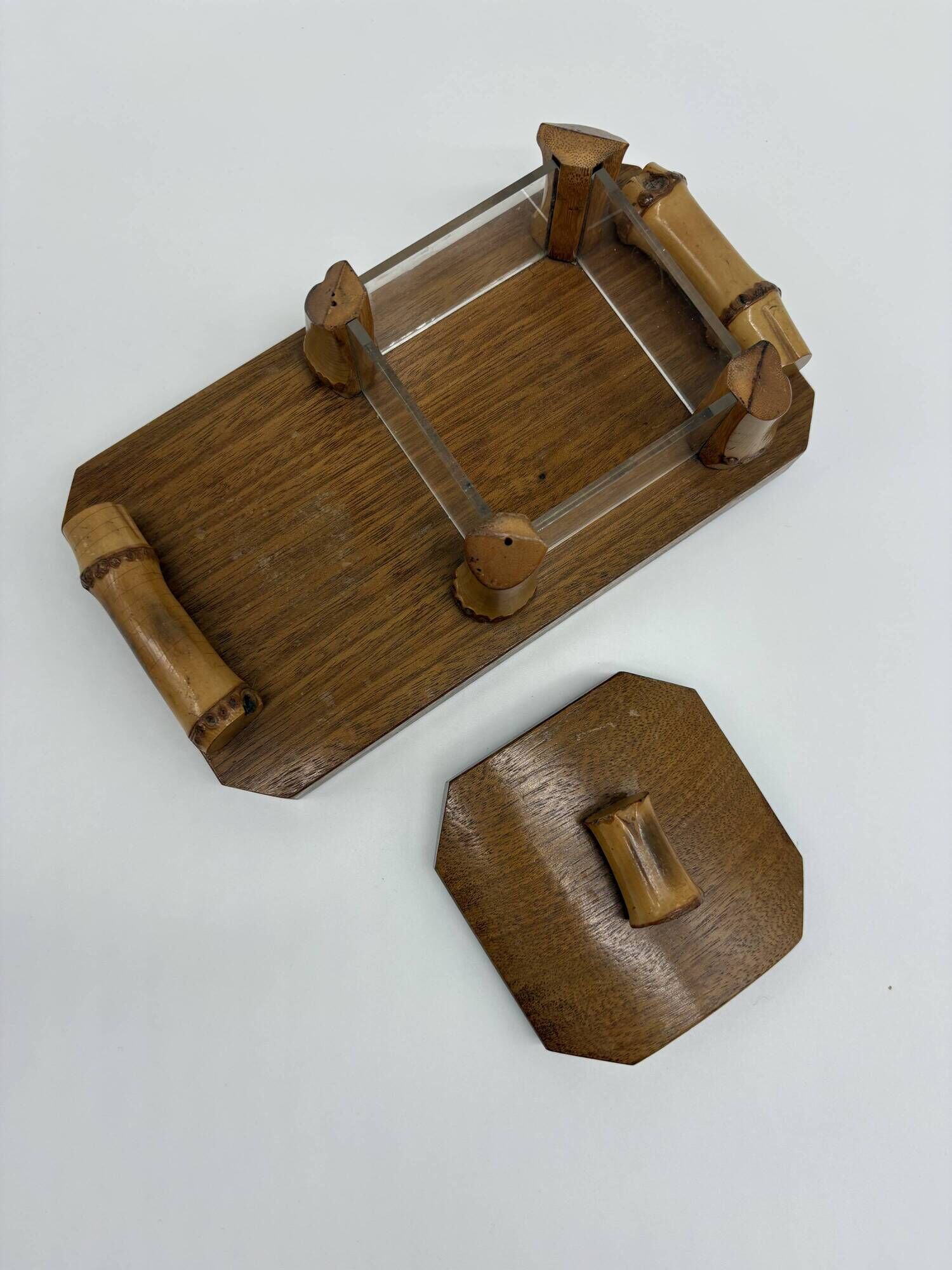 Vintage butter dish in wood, glass and bamboo – 1960s