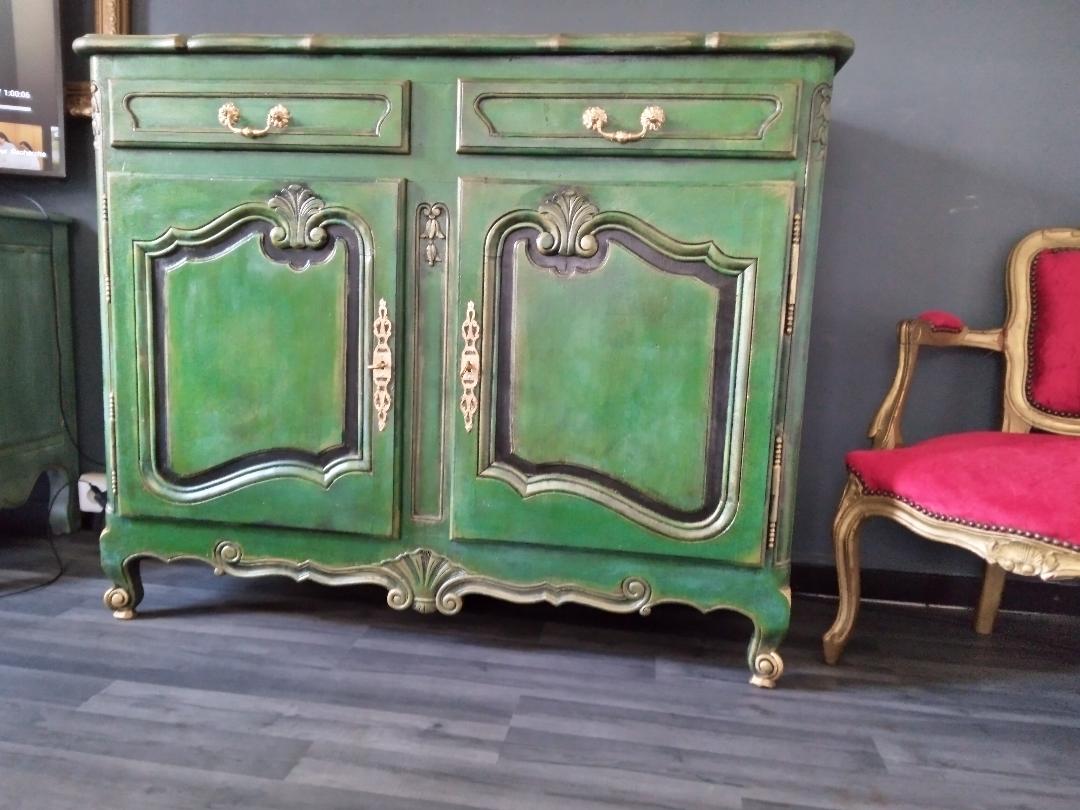 Buffet style Louis XV green and golden cerusé.
