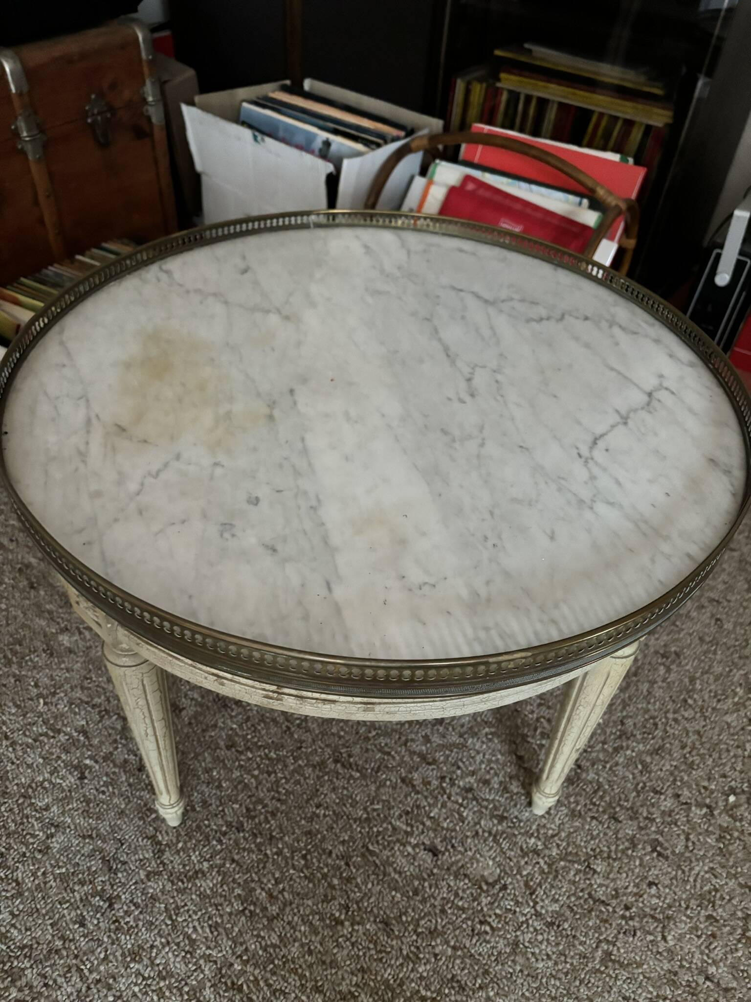 Louis xvi style gueridon wood and white marble top brass gallery