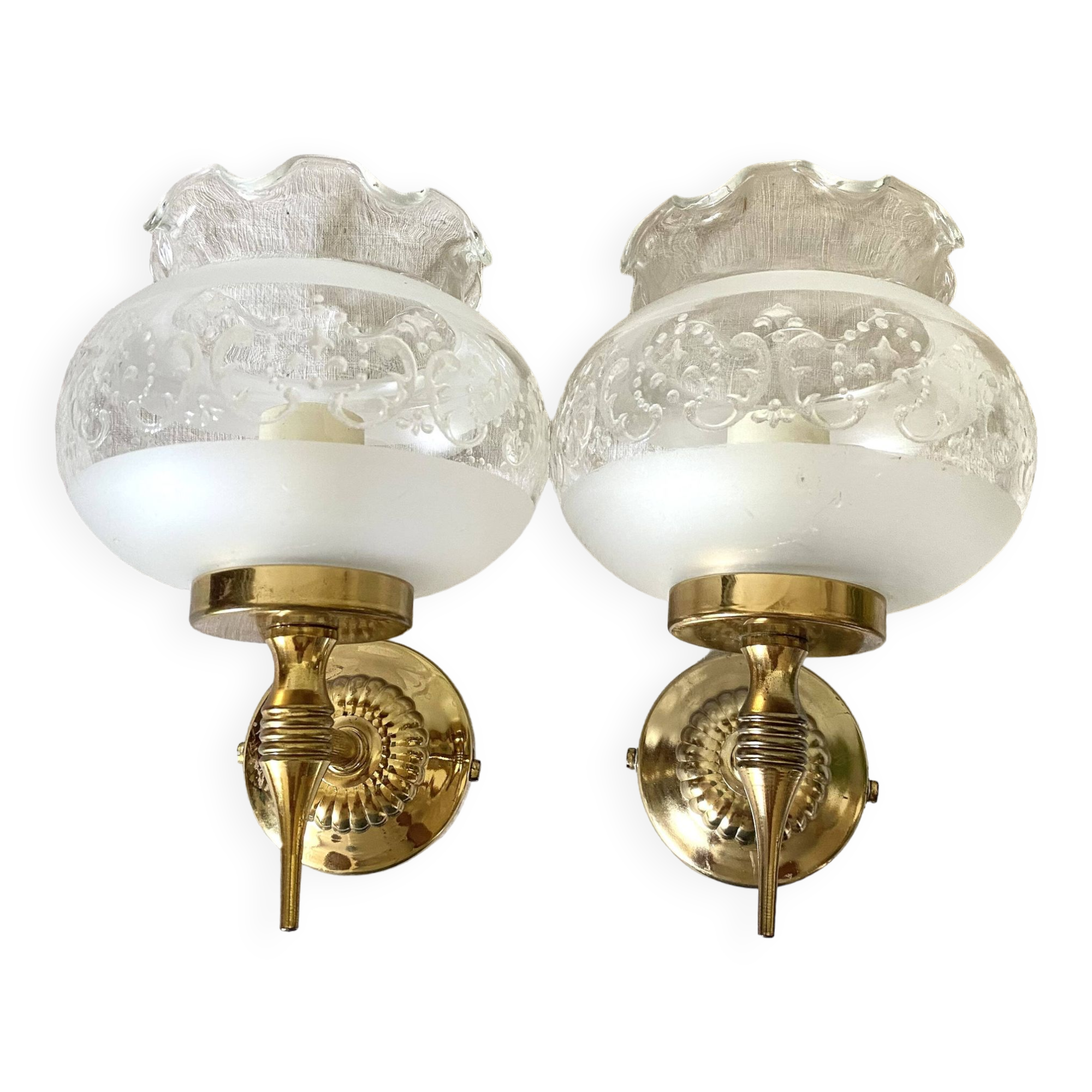 Pair of glass and brass wall lights