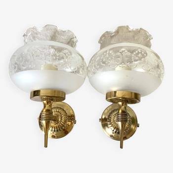 Pair of glass and brass wall lights