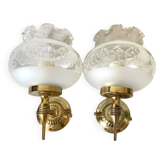 Pair of glass and brass wall lights