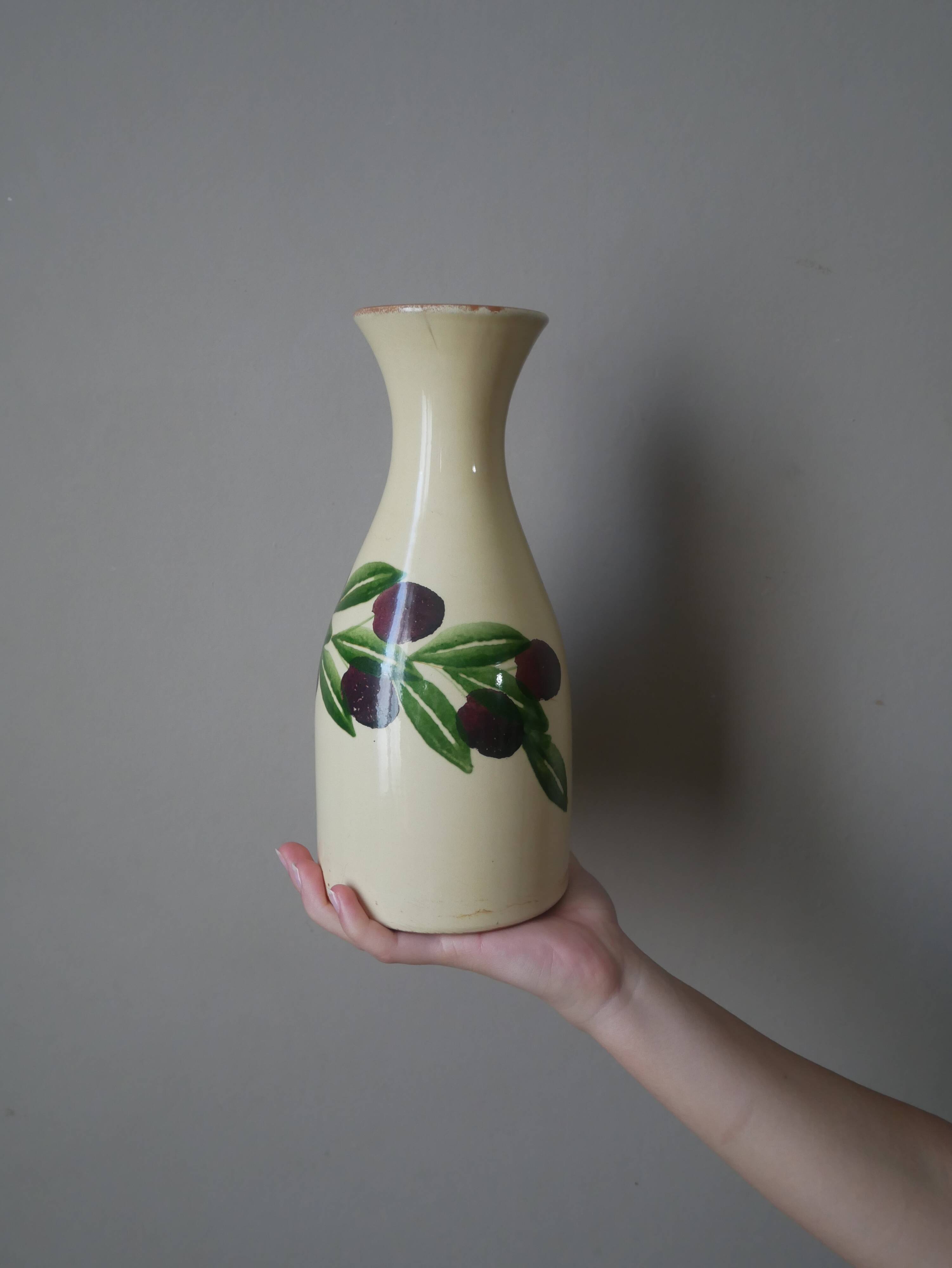 Vintage glazed ceramic vase made in Italy fruit decor handmade pottery jug