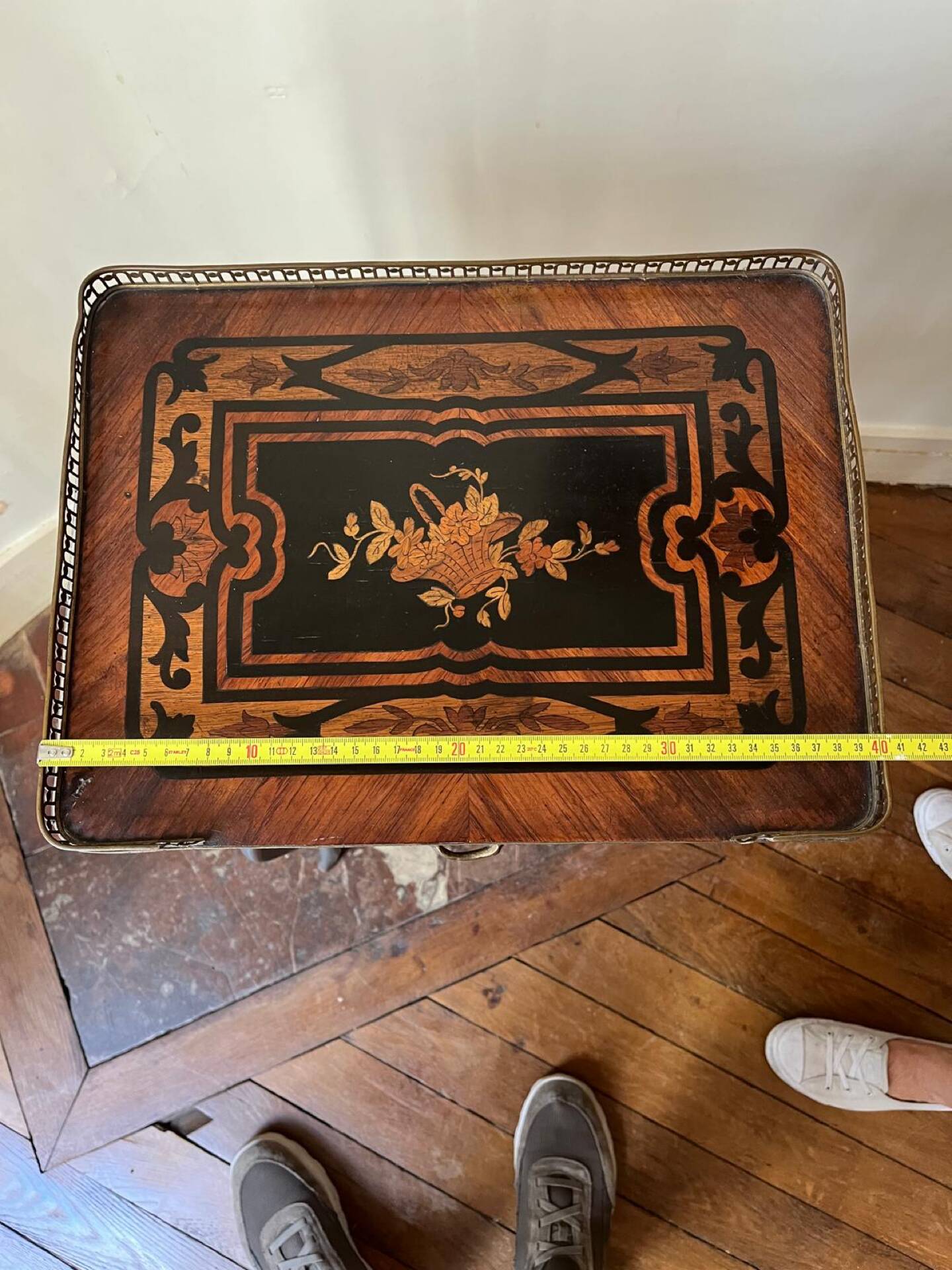 Napoleon III marquetry tiered table — rosewood, brass gallery,