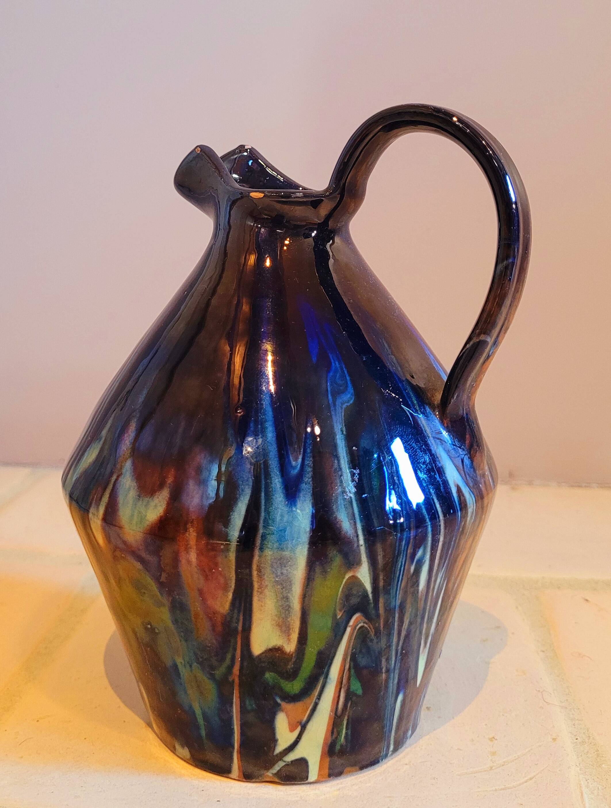 Antique pitcher carafe in midnight blue marbled ceramic