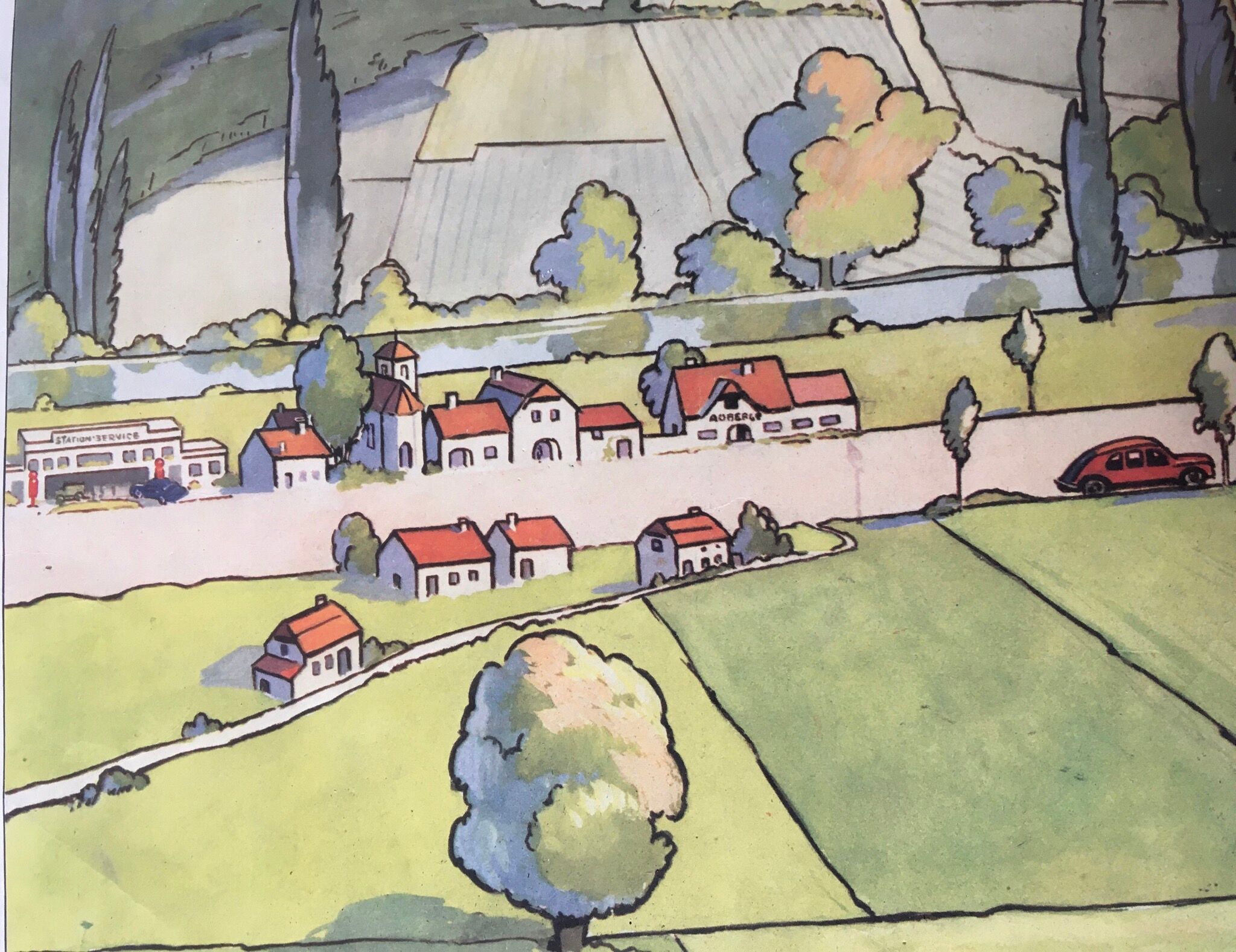 School poster vintage school landscape mountain two-sided signed Raylambert for Rossignol 50s