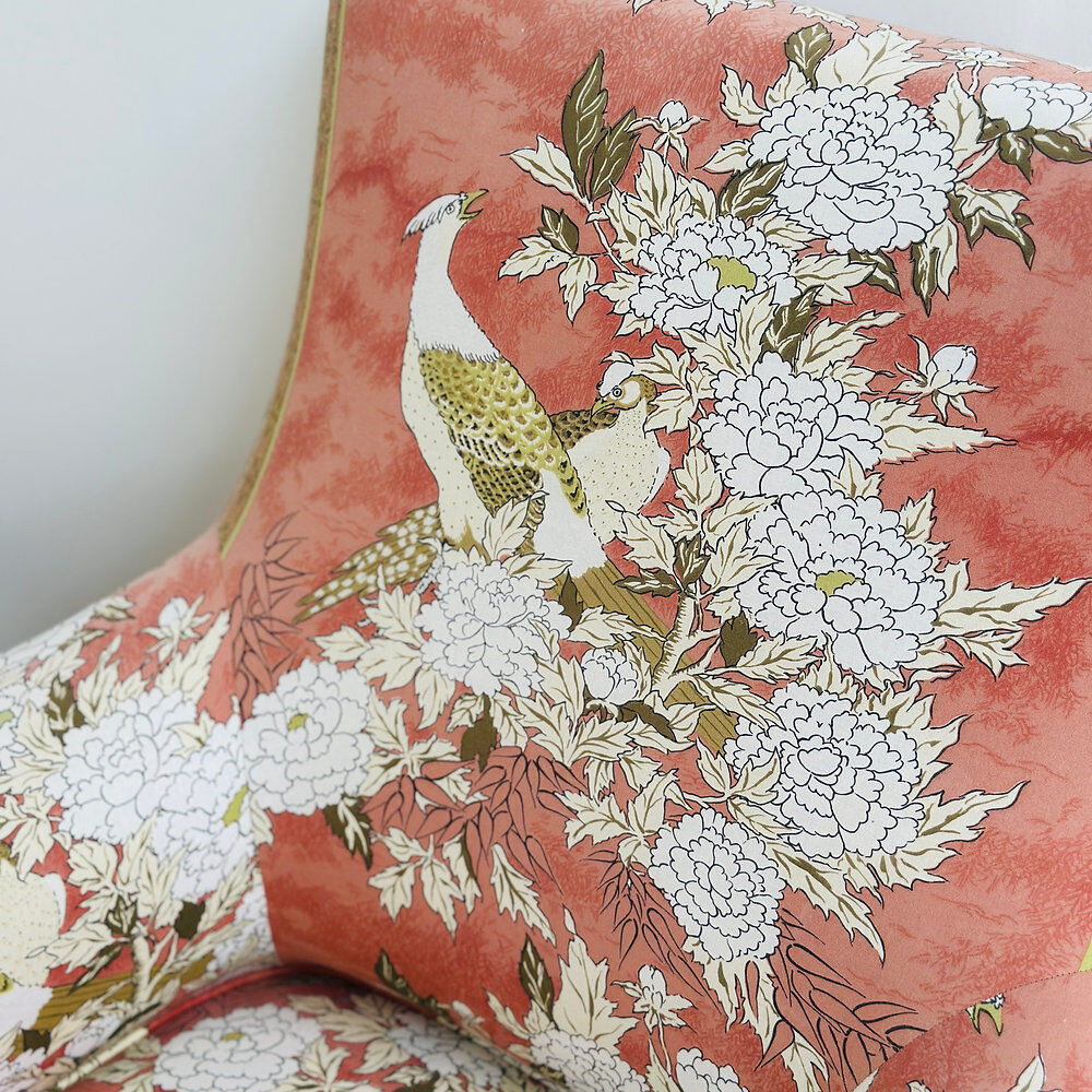 Exquisite pair of upholstered slipper lounge chairs depicting pheasants and peonies