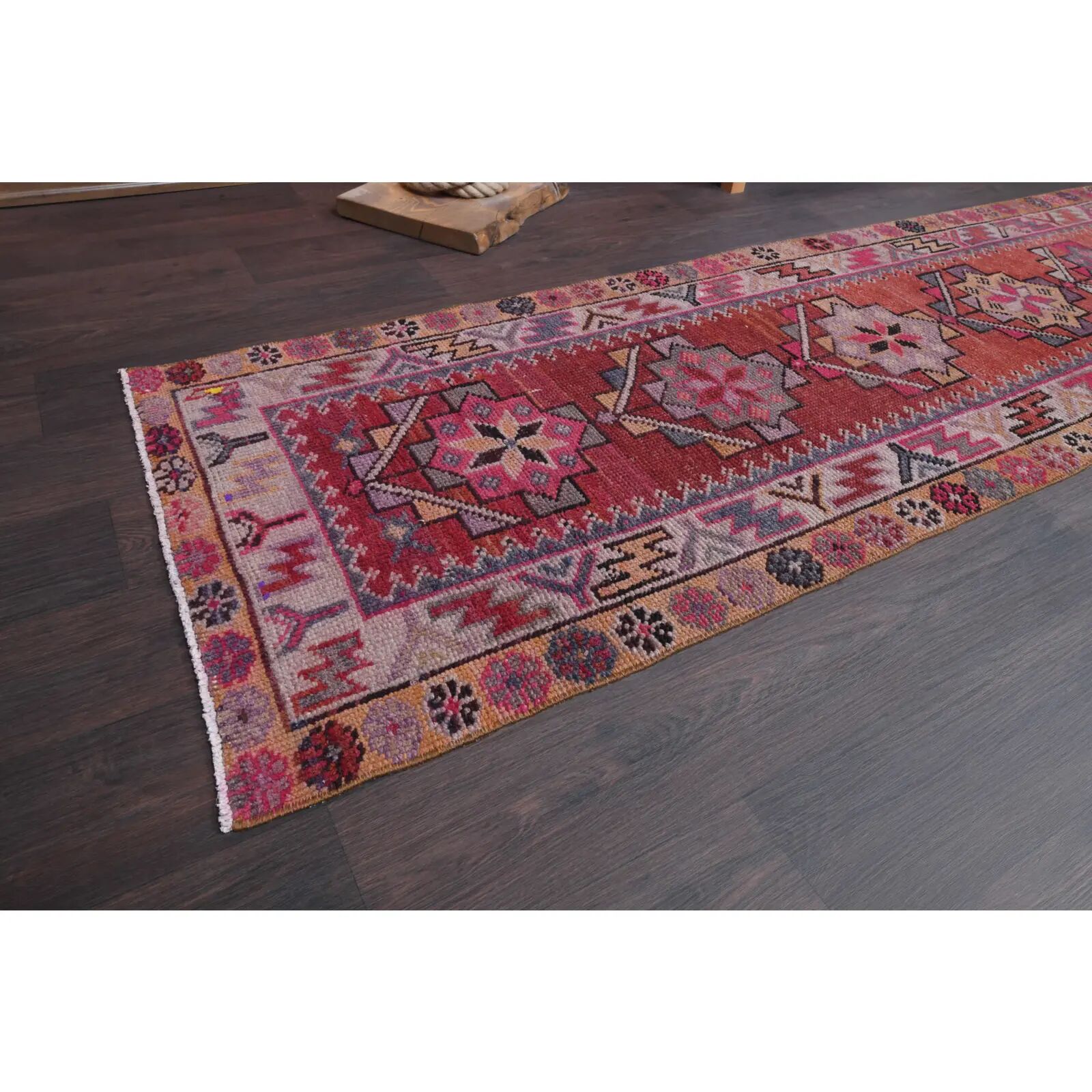 Vintage Turkish hand-knotted wool cotton red runner rug 83x362