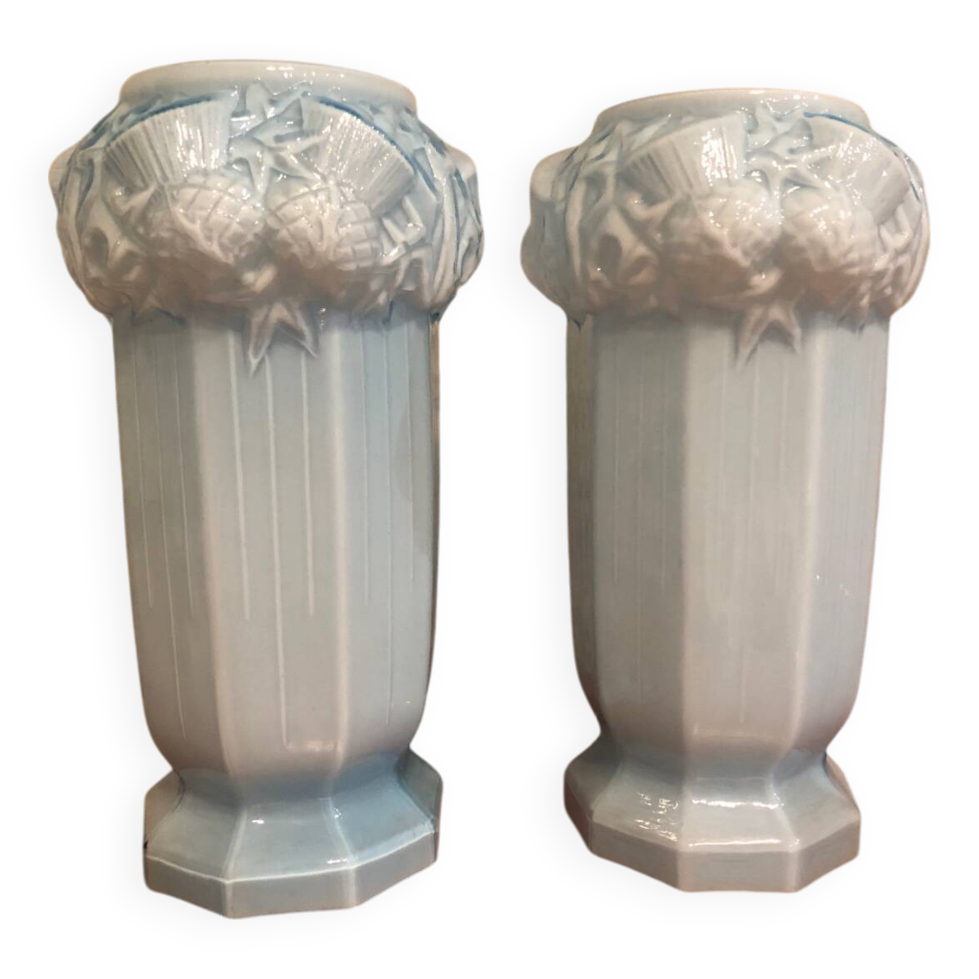 2 Antique blue opaline Art Nouveau vases with thistle motifs