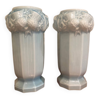 2 Antique blue opaline Art Nouveau vases with thistle motifs