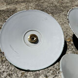 Trio of vintage suspension in green and white enamelled sheet metal indus old farm