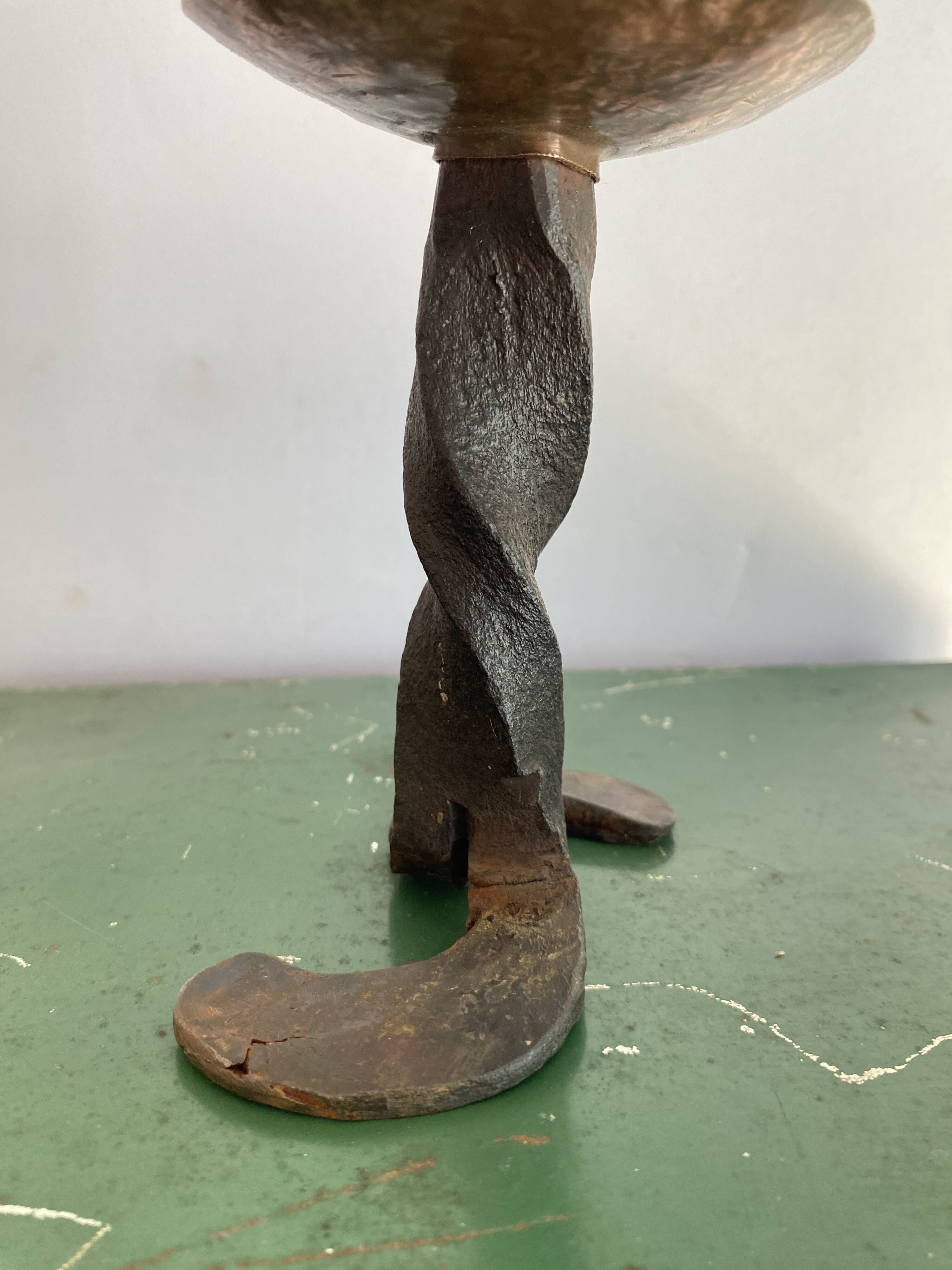 Brutalist wrought iron and brass candle holder