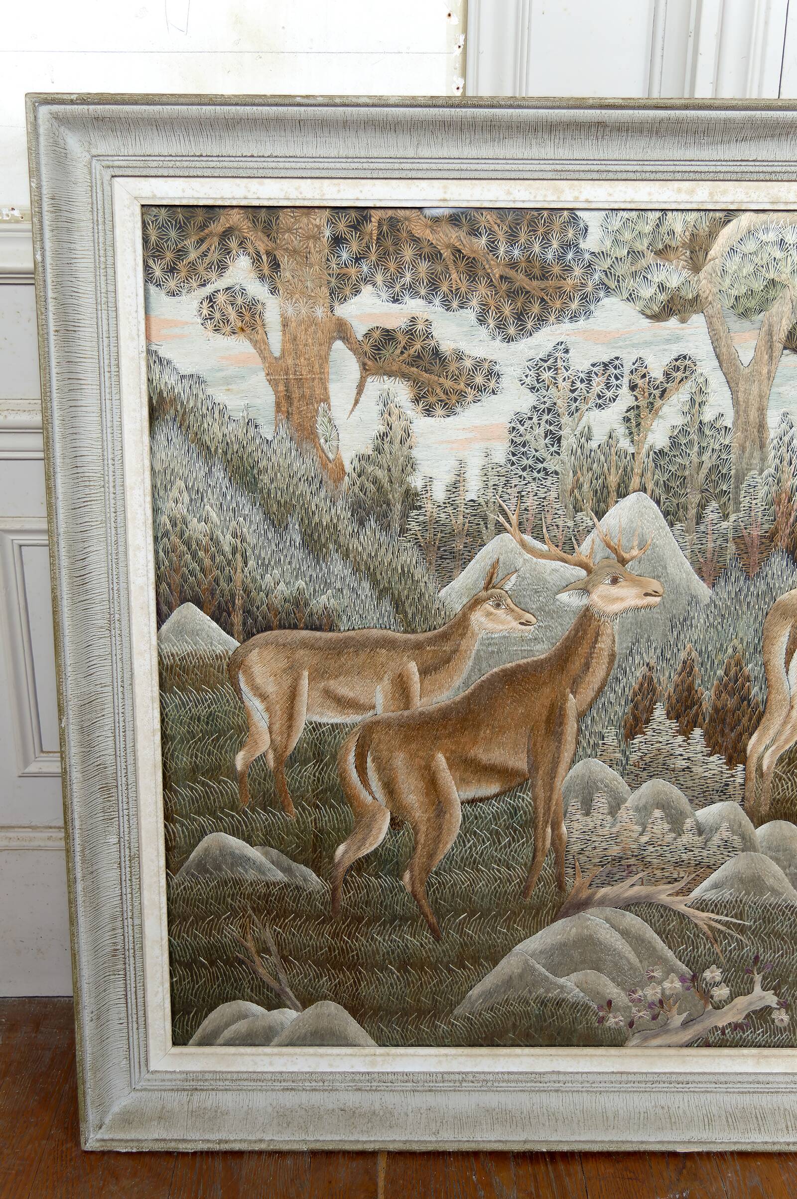 Important Indochinese silk embroidered hanging, Deer in the forest, circa 1940