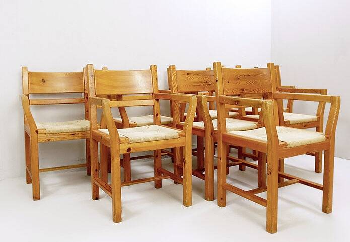 Set of eight pine dining danish chairs with Rope Seat 1980'