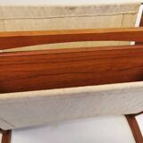 Magazine rack in teak wood with sand-coloured canvas, Danish and from the 1970s.