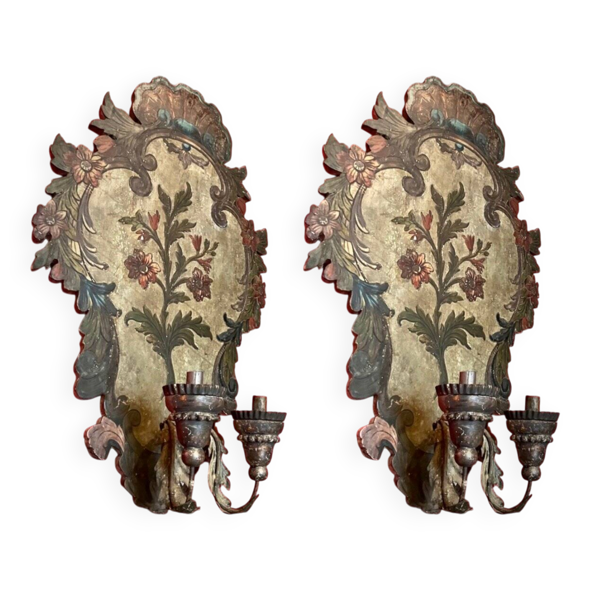 18th Century Rococo Venetian Polychrome and Mecca Lacquered Wooden Wall Sconces with Iron Arms, Set of 2