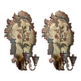 18th Century Rococo Venetian Polychrome and Mecca Lacquered Wooden Wall Sconces with Iron Arms, Set of 2