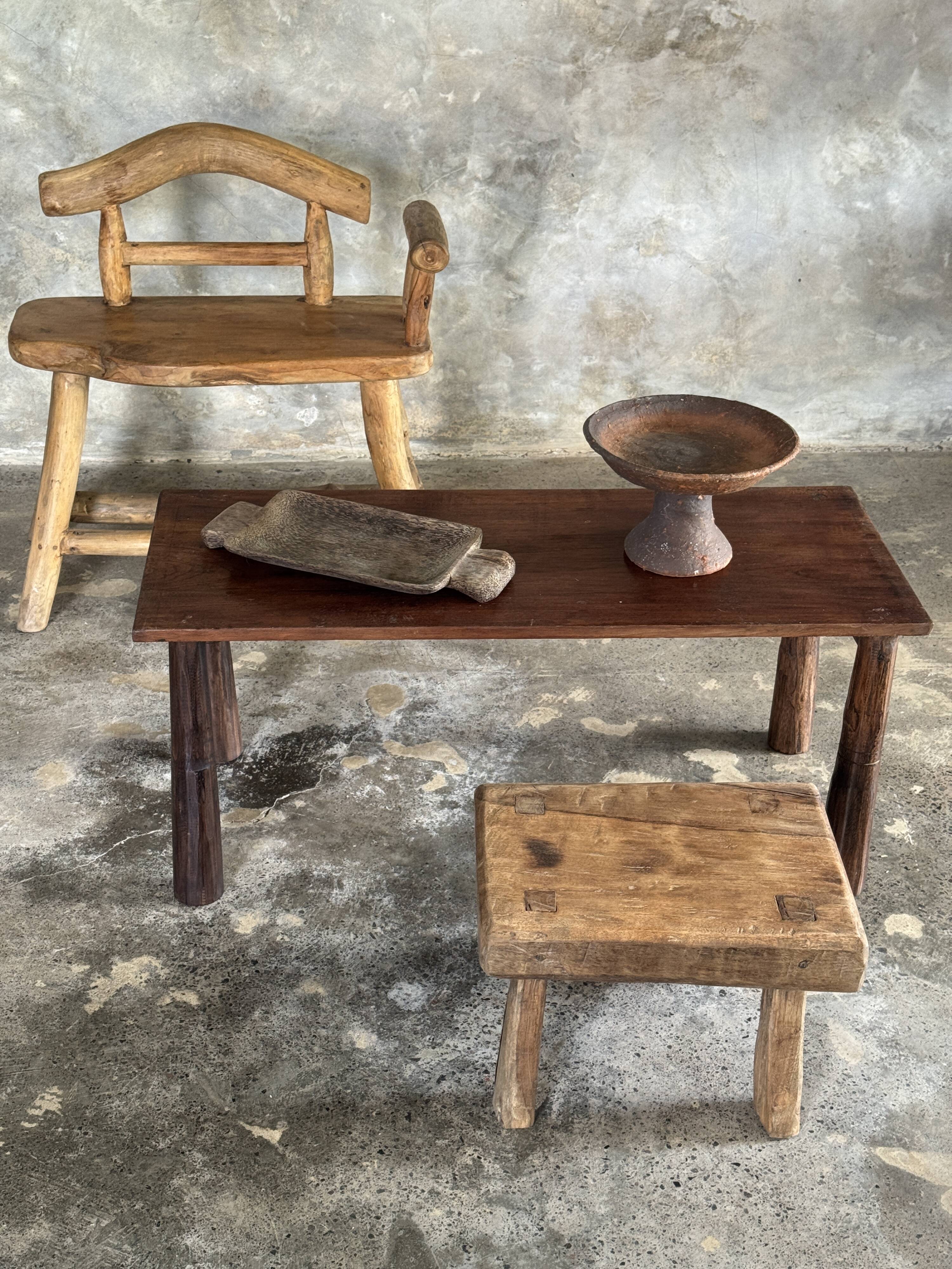 Small brutalist bench with backrest and armrests in Asian blonde teak H67 L6
