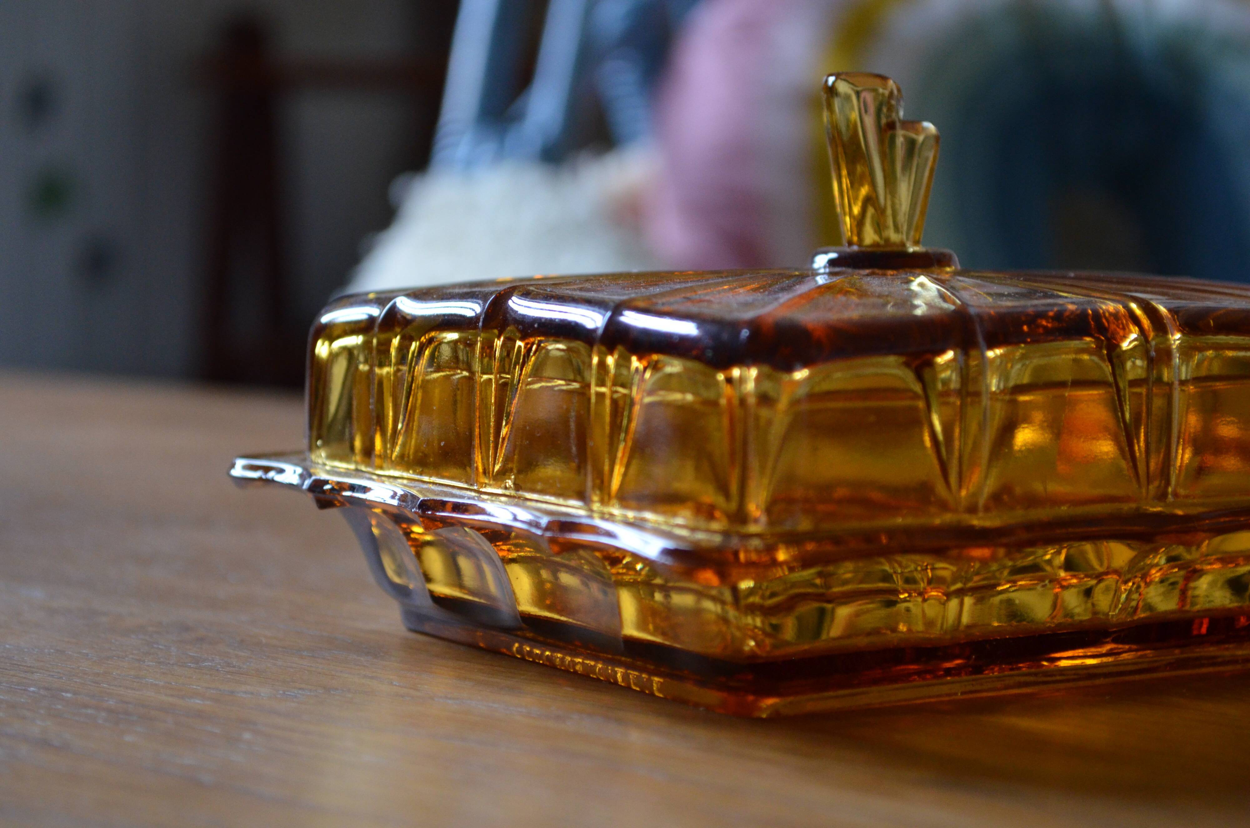 Amber glass butter dish