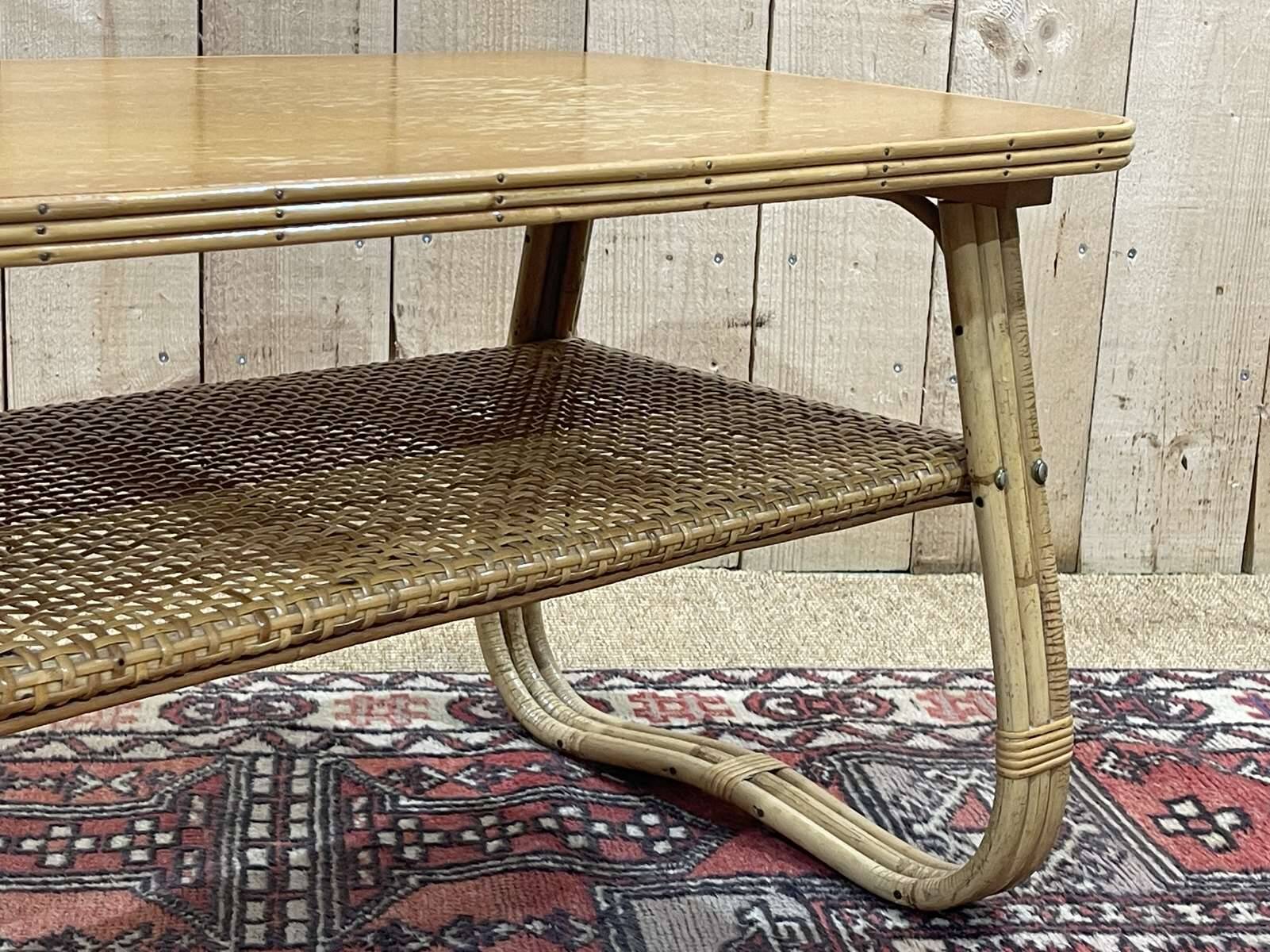 Rattan coffee table and caned shelf from the 1970s.