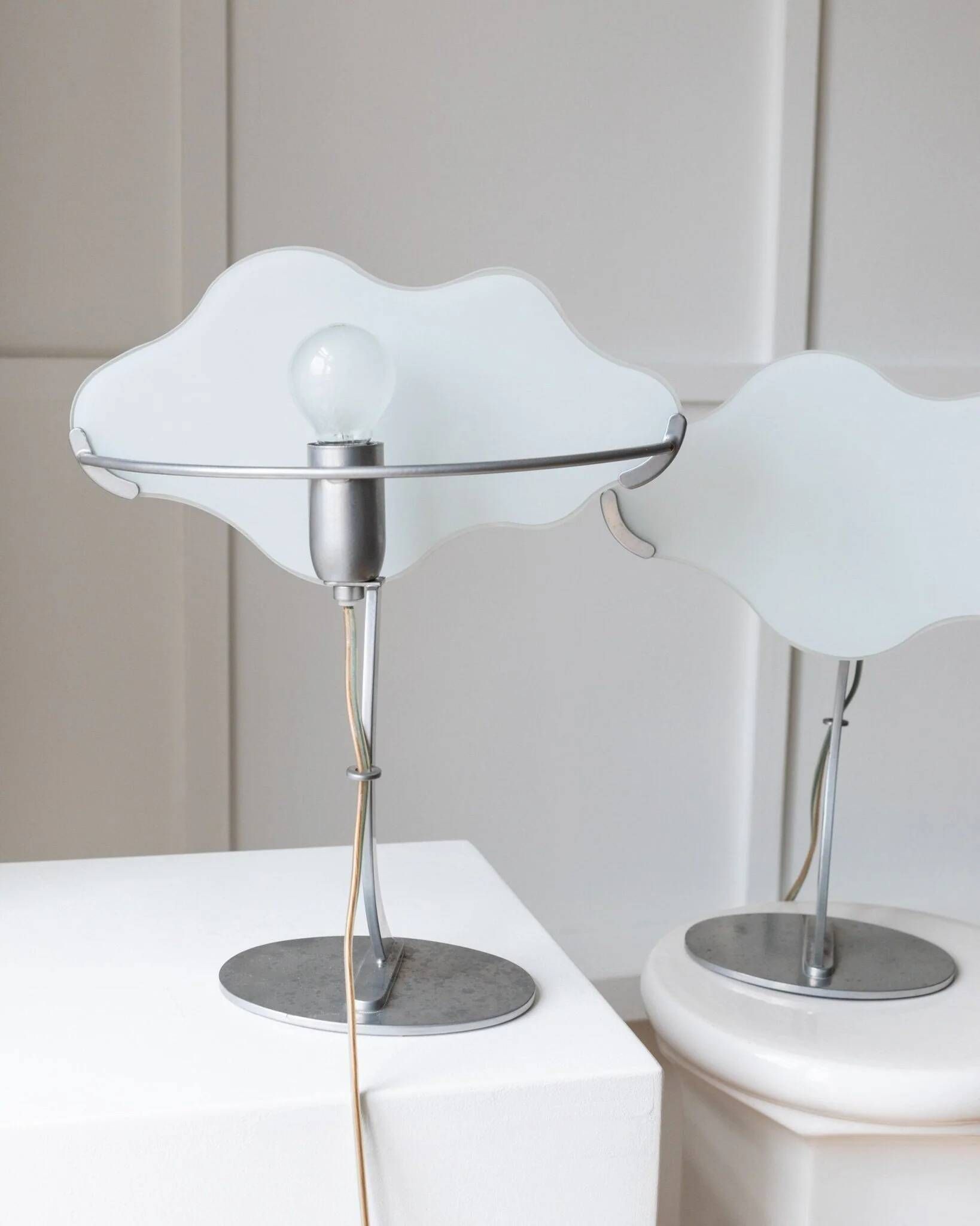 Pair of White Murano Glass Cloud Table Lamps with Chrome Stems, Italy 1980s