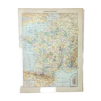 Gravure ancienne 1898, France, carte, politique • Lithographie, Planche originale