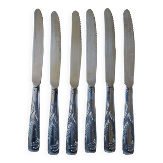 A set of 6 stainless steel knives with foliage handles