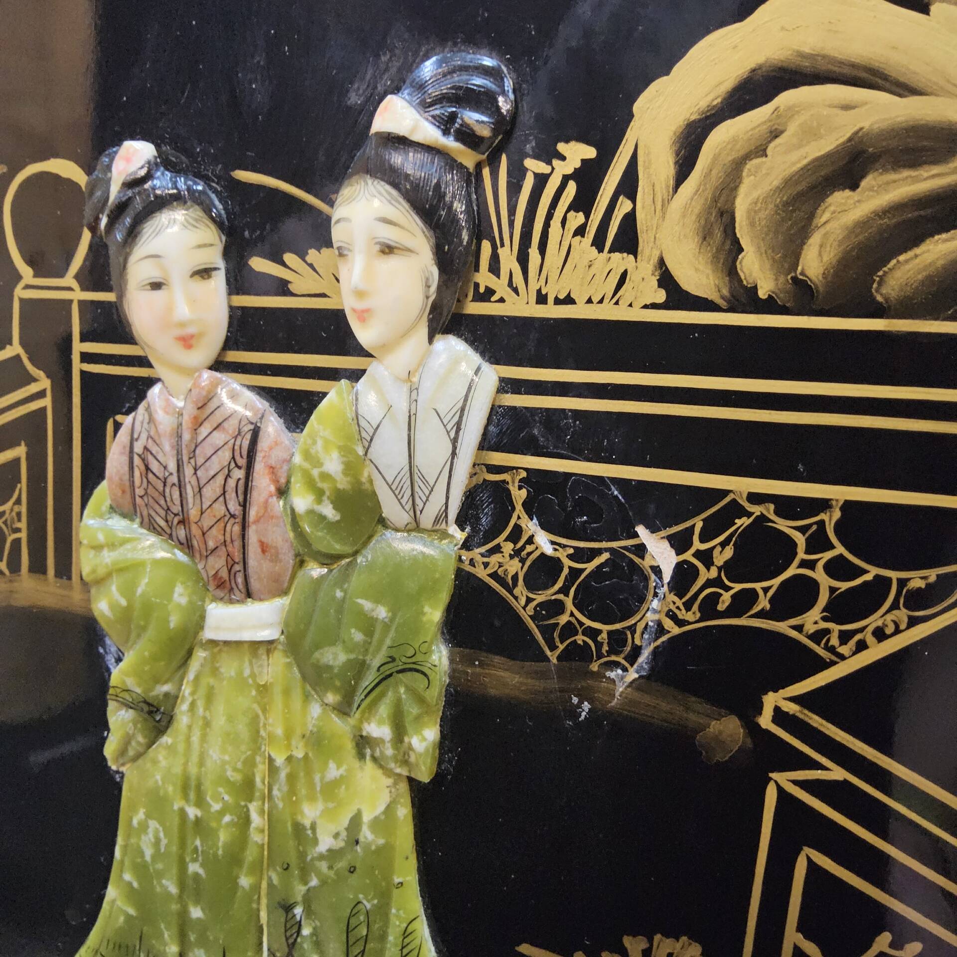 Vintage Chinese black lacquer cabinet soapstone, mother-of-pearl bohemia