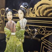 Vintage Chinese black lacquer cabinet soapstone, mother-of-pearl bohemia