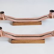 Pair of oak and copper bronze candlesticks