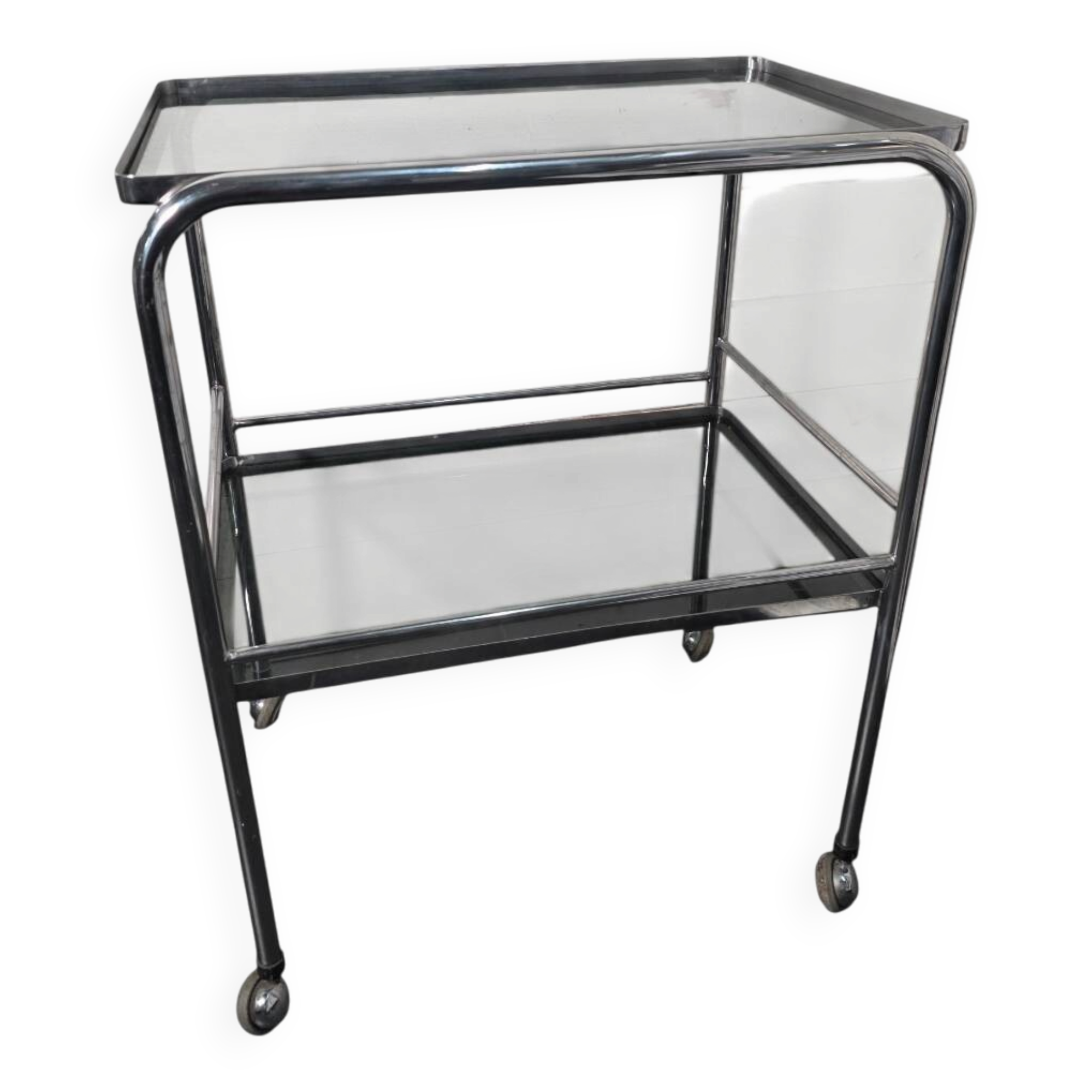 Vintage chrome metal dessert trolley with smoked glass from the 1970s.