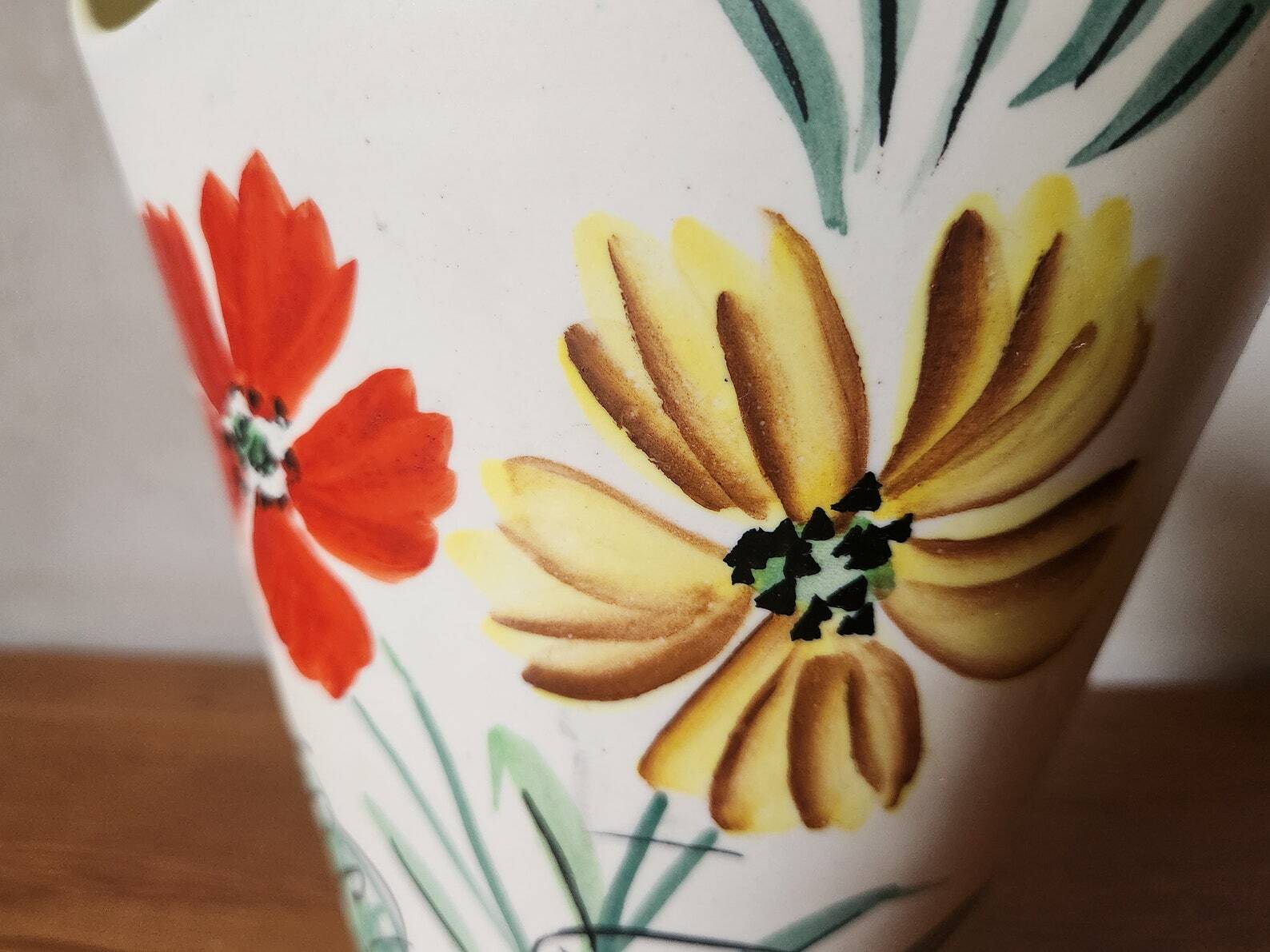 Vintage Vallauris 1960s Studio Art Vase Hand Painted Flowers & Yellow
