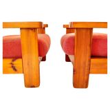 Mid Century Modern Vintage Wood and Red Velvet Armchairs, set of two, Italy 1970