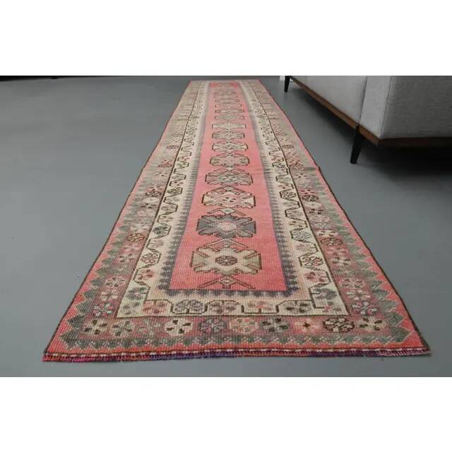 1970s Vintage Turkish Handmade Wool & Cotton Pink Runner Rug 82x359
