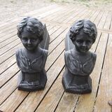 Antique cast iron fireplace andirons: bust of a garçonne
