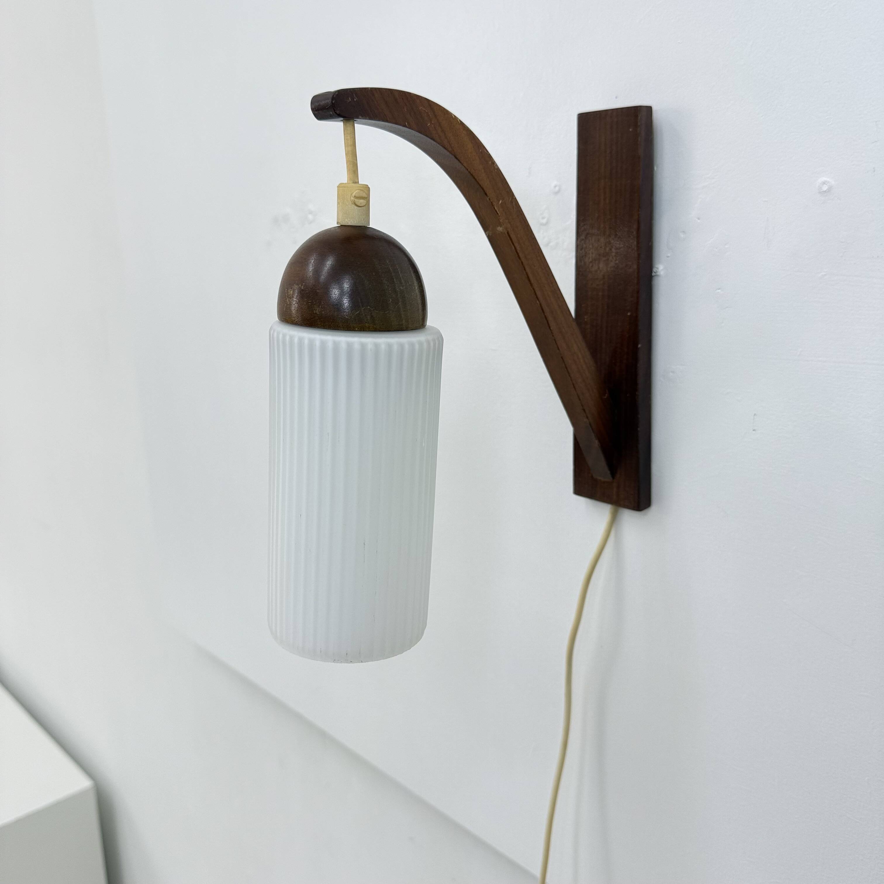 Vintage Scandinavian wall lamp with teak and opaline glass shade , 1960s