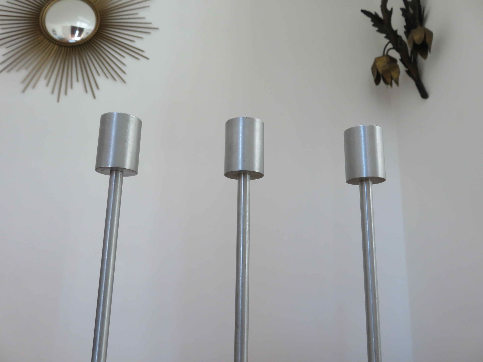 Series of 3 Scandinavian candle holders, minimalist, in 70s aluminum