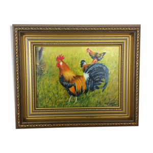Tableau aux coqs, basse cour, peinture