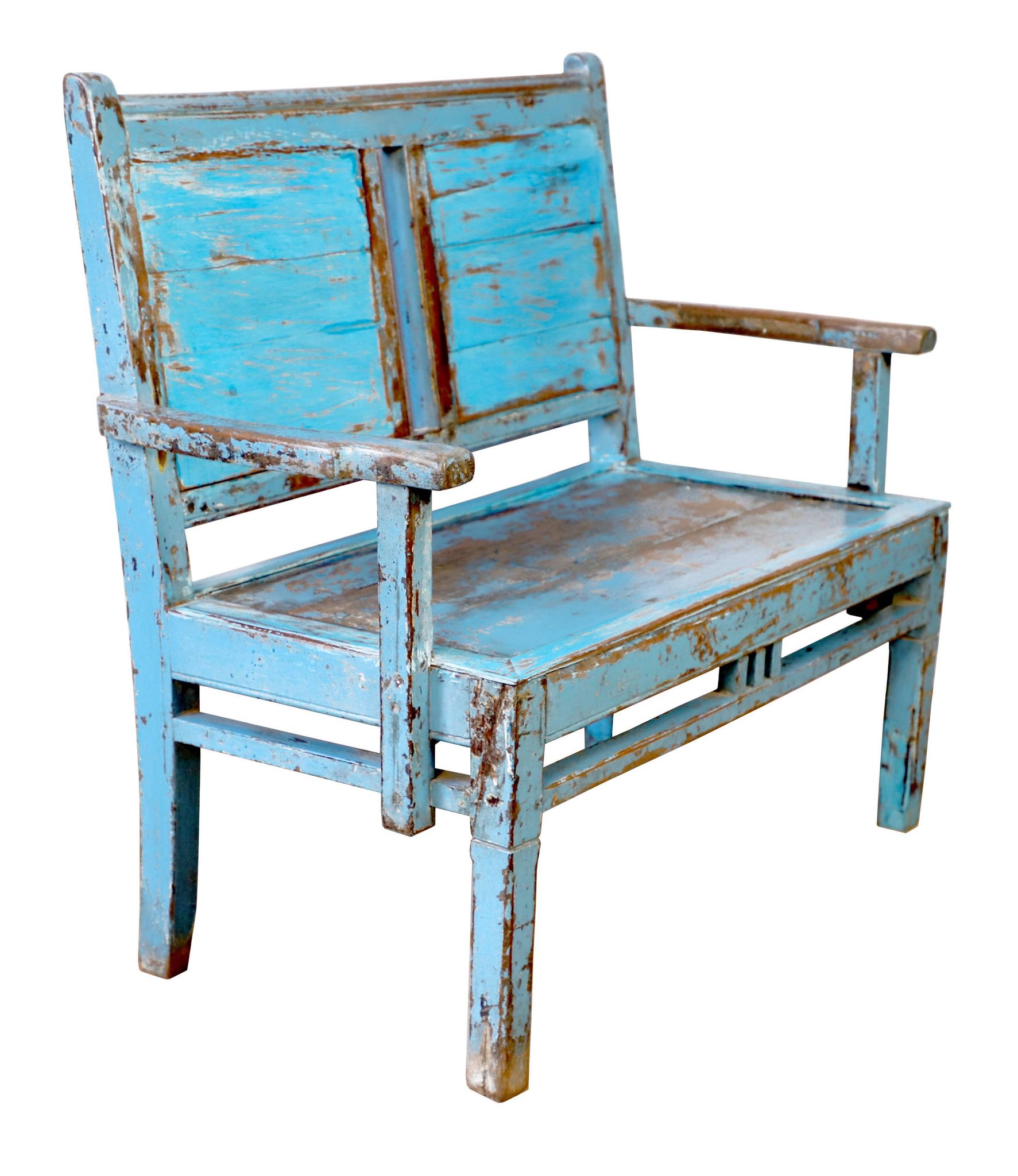 Old 2-seater Burmese teak bench with original blue patina