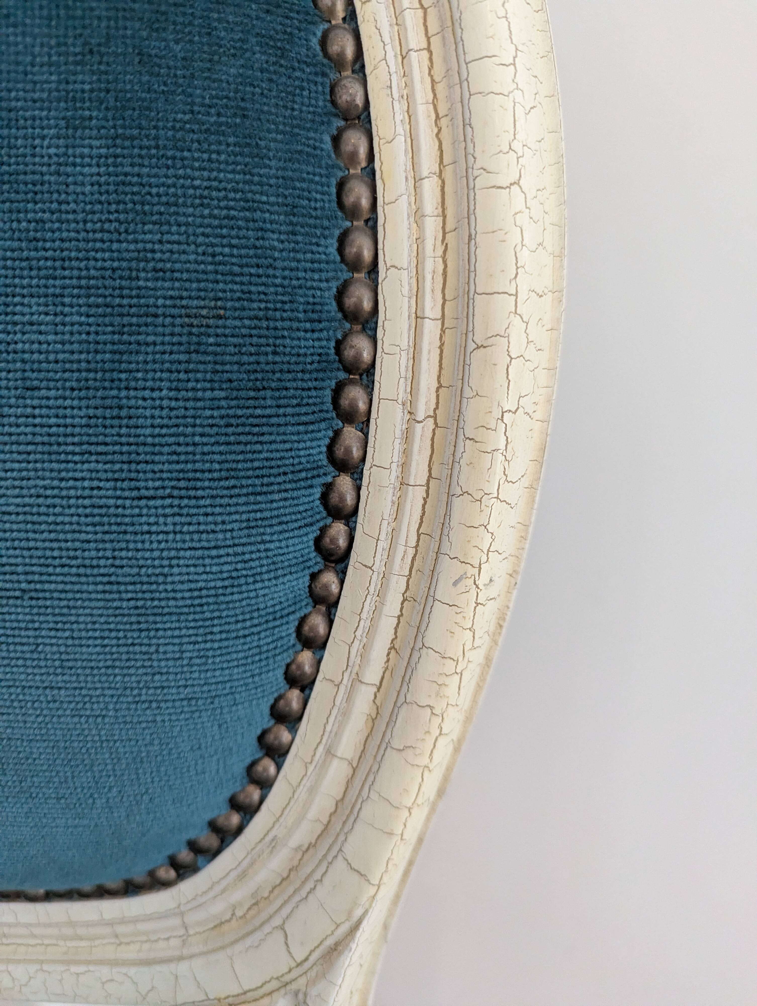 Vintage Louis XVI style chair in petrol blue velvet and patinated wood