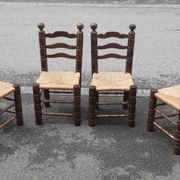 4 chaises brutalistes en bois tourné et paille