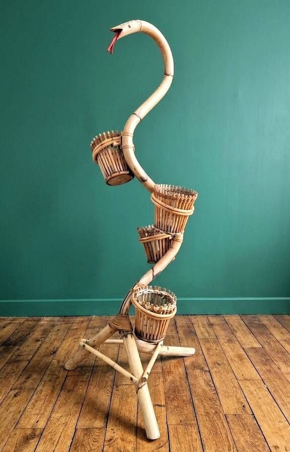 Vintage Cobra Snake Plant Stand in Bamboo and Rattan