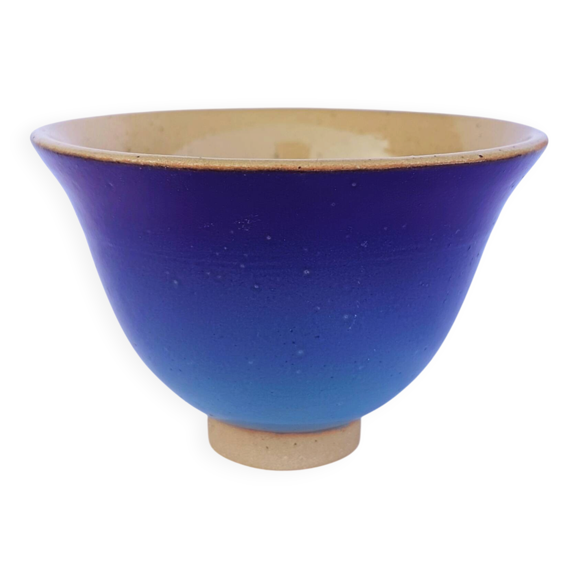 Blue glazed stoneware bowl on a foot, signed SP, Puisaye.