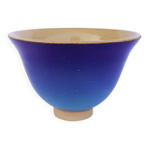 Blue glazed stoneware bowl on a foot, signed SP, Puisaye.
