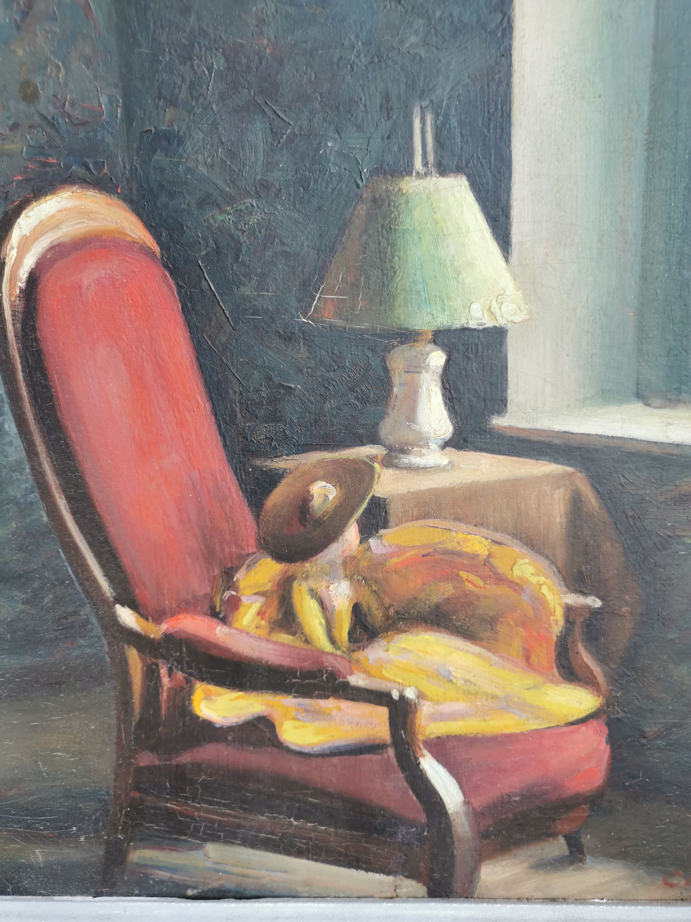 Painting interior scene, oil on plywood, early twentieth.