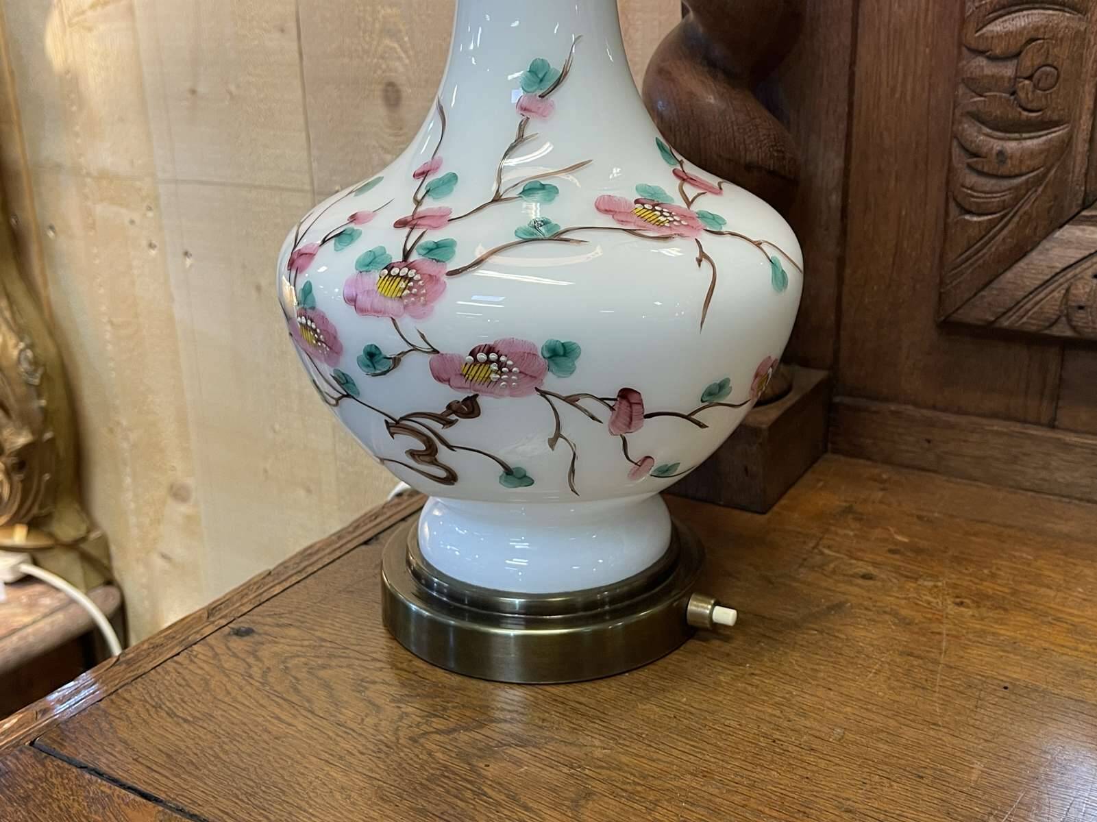 Napoleon III lamp in white opaline and painted with floral decoration - late 19th century