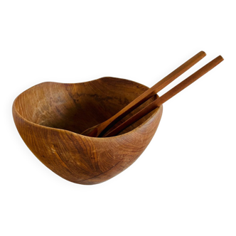 Large vintage wooden salad bowl and cutlery