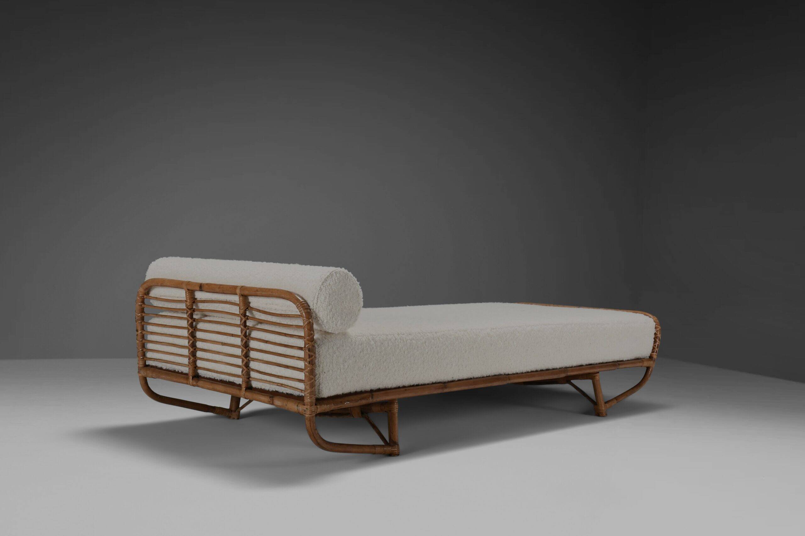 Bamboo and rattan daybed in ivory bouclé, Italy 1960s