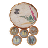 Tray Set and 5 Butterfly Aperitif Coasters - Bamboo and Rattan - Vintage